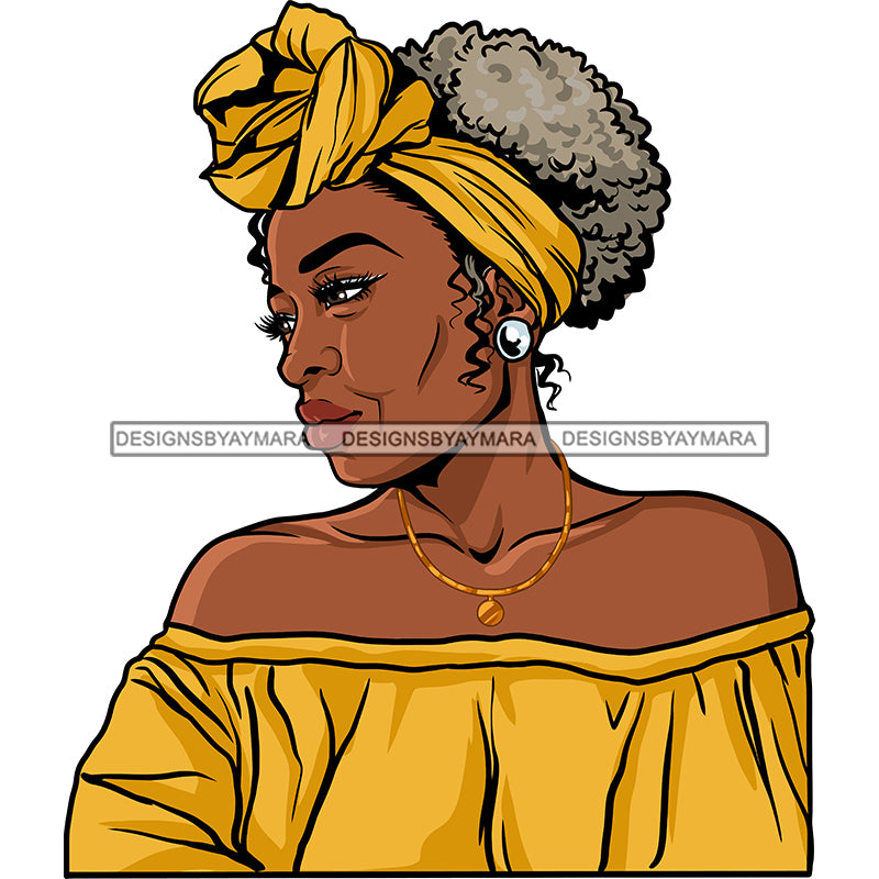 Black Old Woman Off Shoulder Dress Shirt Gold Necklace Earrings Curly –  DesignsByAymara