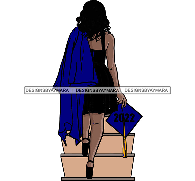 Graduate Woman Walking Up Stairs Navy Blue Dress Carrying Black Cap Go DesignsByAymara Graduate Woman Walking Up Stairs Navy Blue Dress Carrying Black Cap Go DesignsByAymara