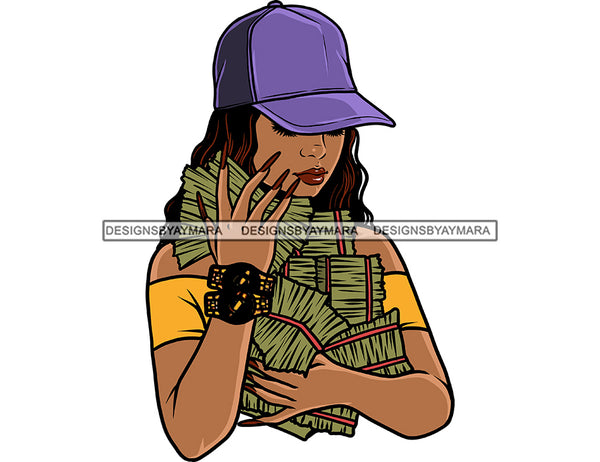 Hustler Melanin Latina Woman Holding Big Stack Of Money Grind Grinding Hustling Hustler Money Cash Bank Dollar Currency Hard Work Logo Design Element SVG JPG PNG Vector Clipart Cricut Silhouette Cut Cutting