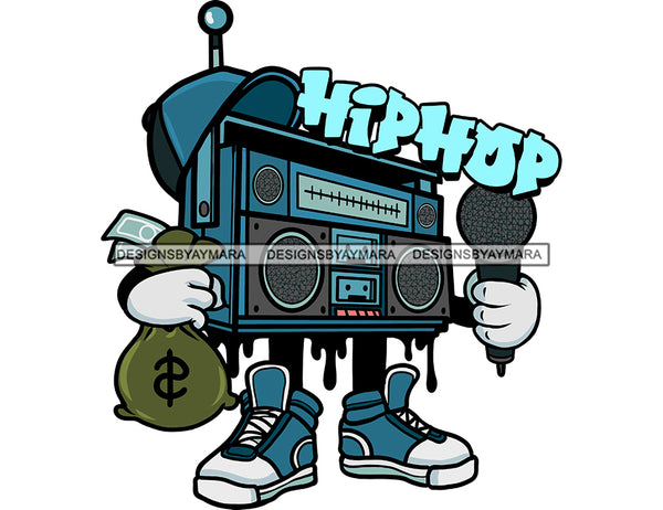 Hustler Boombox Old School Radio Cartoon Character Holding Big Stack Of Money Grind Grinding Hustling Hustler Money Cash Bank Dollar Currency Hard Work Logo Design Element SVG JPG PNG Vector Clipart Cricut Silhouette Cut Cutting