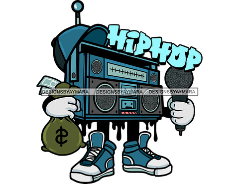 Hustler Boombox Old School Radio Cartoon Character Holding Big Stack Of Money Grind Grinding Hustling Hustler Money Cash Bank Dollar Currency Hard Work Logo Design Element SVG JPG PNG Vector Clipart Cricut Silhouette Cut Cutting