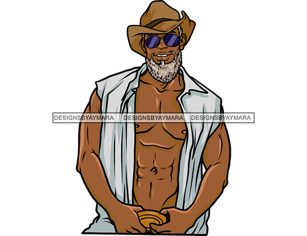 Handsome Cowboy Man African American Elder Older Mature Senior Gray Hair Middle Age Ranch Western Wild Horse Rider Logo Design Element SVG JPG PNG Vector Clipart Cricut Silhouette Cut Cutting