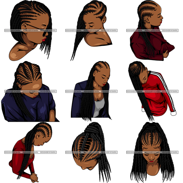 Bundle 9 Black African Melanin Woman Cornrows Braids Box Crochet French Rope braid Dutch Fishtail Infinity braid Hairstyle Hair Salon Logo Design Element SVG PNG JPG Cutting Vector Files