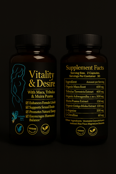 “Vitality & Desire women’s libido and hormone balance supplement — front and back amber bottle mockup with gold and turquoise design.”
