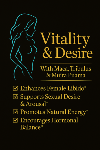 Vitality & Desire supplement front label featuring gold text, turquoise female silhouette, and libido support benefits for women.”