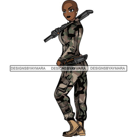 Afro Lola Woman Warrior Military Army Soldier War Camouflage USA Uniform .SVG Clipart Vector Cutting Files For Circuit Silhouette Cricut and More!