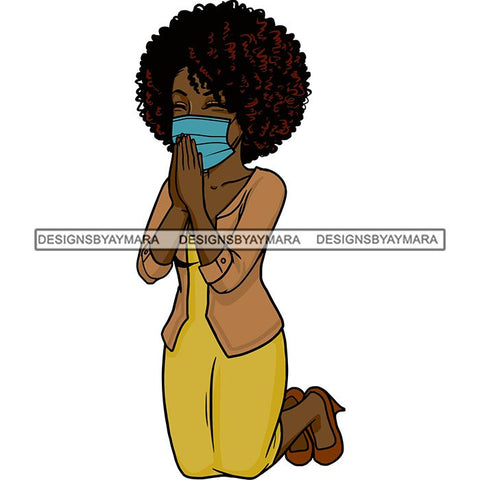 Black Woman Praying God Quotes Face Mask Begging Prayers Save Life Mujer Orando a Dios SVG Vector Clipart Cutting Files