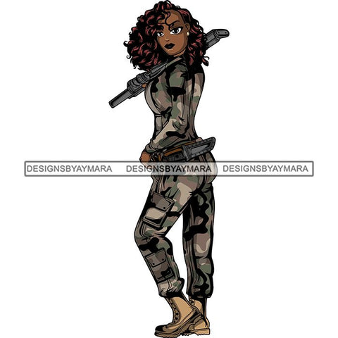 Afro Lola Woman Warrior Military Army Soldier War Camouflage USA Uniform .SVG Clipart Vector Cutting Files For Circuit Silhouette Cricut and More!