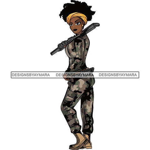 Afro Lola Woman Warrior Military Army Soldier War Camouflage USA Uniform .SVG Clipart Vector Cutting Files For Circuit Silhouette Cricut and More!