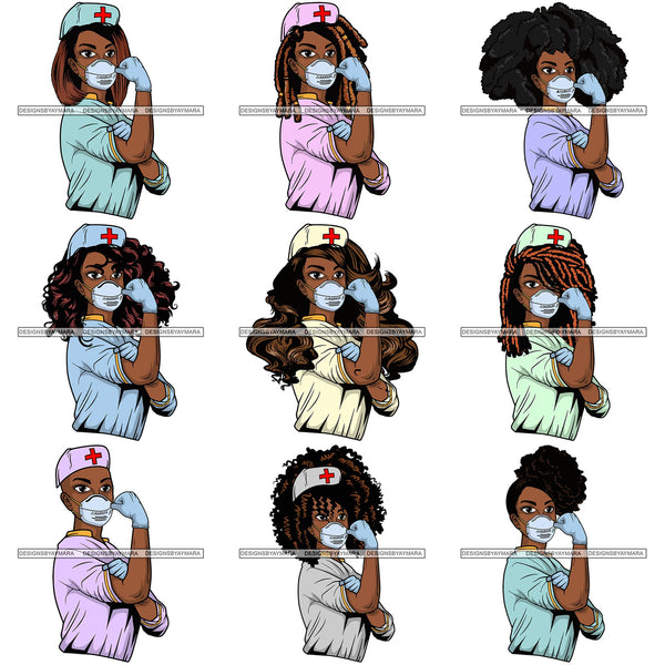 Bundle 9 Afro Lola Nurse Doctor Save Life Hero Wearing Mask Protection Flexing Strong Medical Occupation SVG Cutting Files