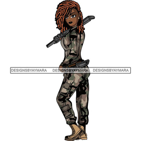 Afro Lola Woman Warrior Military Army Soldier War Camouflage USA Uniform .SVG Clipart Vector Cutting Files For Circuit Silhouette Cricut and More!