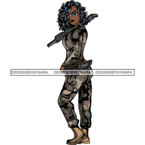 Afro Lola Woman Warrior Military Army Soldier War Camouflage USA Uniform .SVG Clipart Vector Cutting Files For Circuit Silhouette Cricut and More!