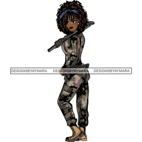Afro Lola Woman Warrior Military Army Soldier War Camouflage USA Uniform .SVG Clipart Vector Cutting Files For Circuit Silhouette Cricut and More!