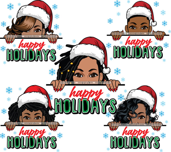 Bundle 25 Afro Girls Wearing Santa Hat Christmas Gifts Celebration Peek A Boo Black Woman Melanin Nubian Queen SVG Cutting Files For Silhouette Cricut And More