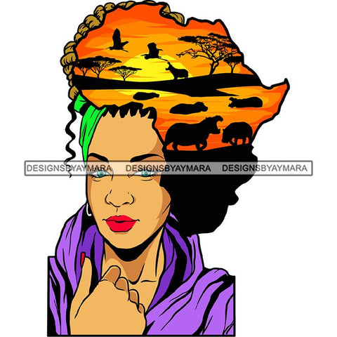 Safari Goddess Africa Continent African American Woman Savanna Animals Hair SVG Cutting Files.