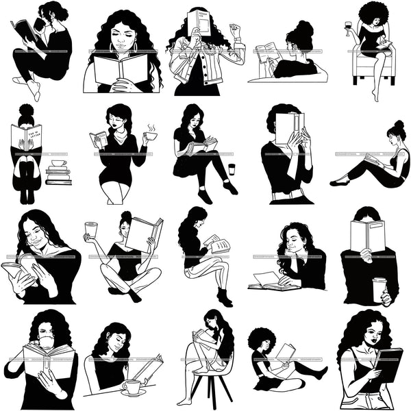 Bundle 20 Woman Reading A Book Education Smart Classy Lady Drinking Coffee Wine .SVG Cutting Files For Silhouette Cricut and More!