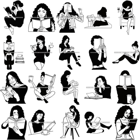 Bundle 20 Woman Reading A Book Education Smart Classy Lady Drinking Coffee Wine .SVG Cutting Files For Silhouette Cricut and More!
