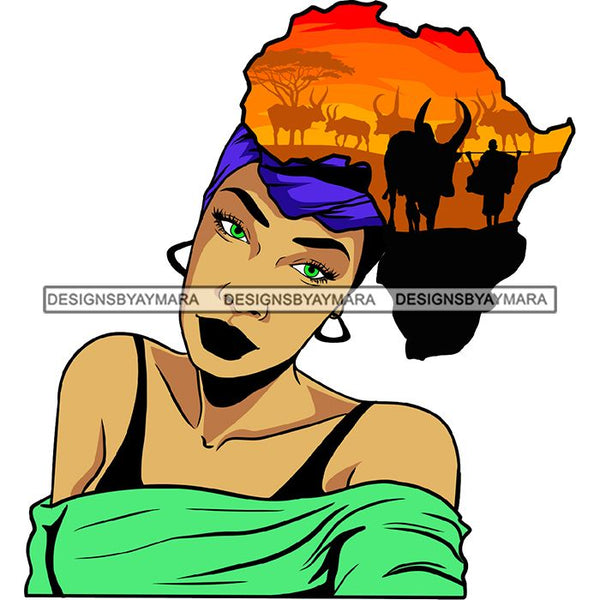 Safari Goddess Africa Continent African American Woman Savanna Animals Hair SVG Cutting Files.
