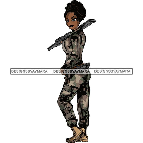 Afro Lola Woman Warrior Military Army Soldier War Camouflage USA Uniform .SVG Clipart Vector Cutting Files For Circuit Silhouette Cricut and More!