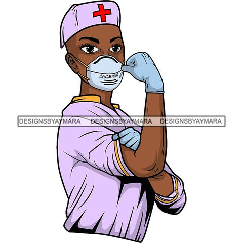 Afro Lola Nurse Doctor Save Life Hero Wearing Mask Protection Flexing Strong Medical Occupation SVG Cutting Files