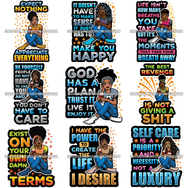Bundle 9 Afro Lola Drinking Wine Life Quotes .SVG Cutting Files For Silhouette and Cricut and More!