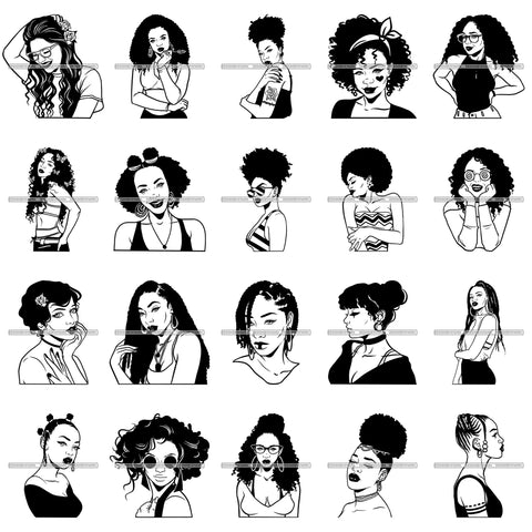 Bundle 20 Ebony Afro Woman Nubian Melanin Brown Skin Makeup Model Glasses Accesories SVG Cut Files