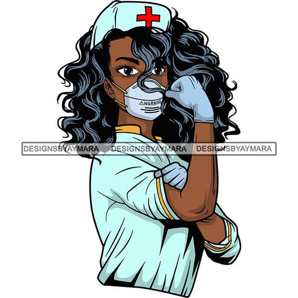 Afro Lola Nurse Doctor Save Life Hero Wearing Mask Protection Flexing Strong Medical Occupation SVG Cutting Files