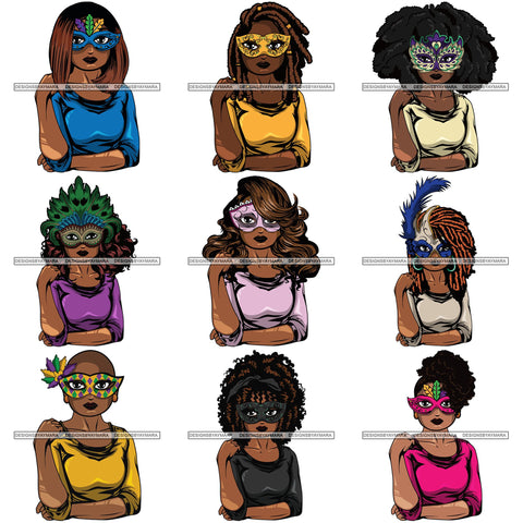 Bundle 9 Afro Lola Wearing  Mardi Grass Mask Masquerade Costume SVG Clipart Vector Cutting Files