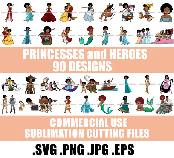 Princesses and Heroes Cartoon Character Designs Black Princess Black Hero Designs For Sublimation SVG PNG JPG Cutting Files Cricut Silhouette
