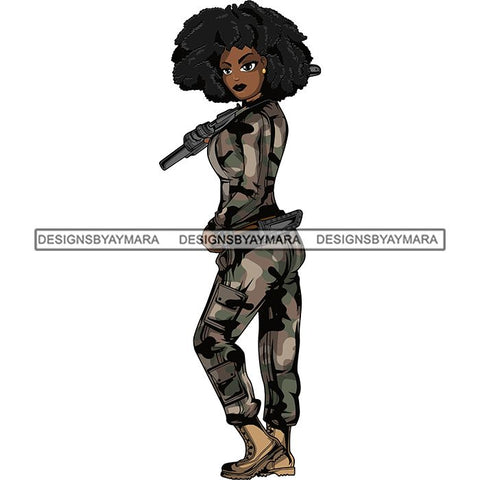 Afro Lola Woman Warrior Military Army Soldier War Camouflage USA Uniform .SVG Clipart Vector Cutting Files For Circuit Silhouette Cricut and More!