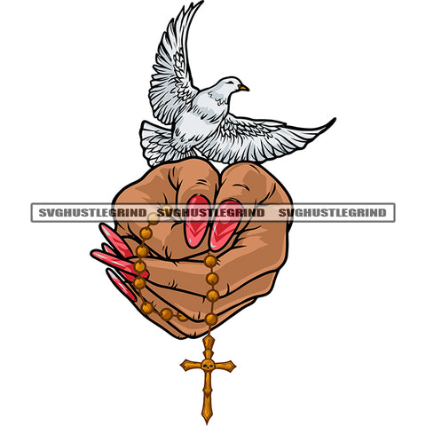 Afro Woman Hand Holding Cross Hard Praying Pigeon Wings African American Girls Long Nail Color Design Element SVG JPG PNG Vector Clipart Cricut Silhouette Cut Cutting