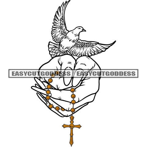 Black And White Afro Woman Hand Holding Cross Hard Praying Pigeon Wings African American Girls Long Nail BW Design Element SVG JPG PNG Vector Clipart Cricut Silhouette Cut Cutting