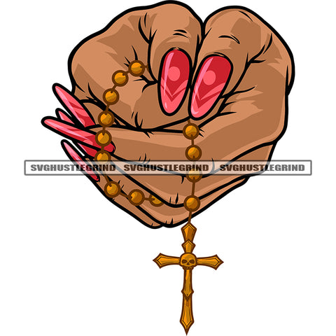 African American Woman Hand Holding Cross Hard Praying African American Girls Long Nail Design Element SVG JPG PNG Vector Clipart Cricut Silhouette Cut Cutting