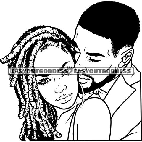 Black And White African American Romantic Couple Love Pose Locus Hair Style Vector BW Design Element Wearing Hoop Earing Sexy Pose SVG JPG PNG Vector Clipart Cricut Silhouette Cut Cutting