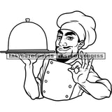 Black And White Ok Hand Sign Hotel Chef Good Chef Happy Face Kitchen Male Chef Food Products Hot Plate On Hand Vector Design Element BW SVG JPG PNG Vector Clipart Cricut Silhouette Cut Cutting