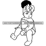 Black And White Cute African Baby Girl African American Baby Girls Smile Face Puffy Hairstyle Vector White Background Happy Life  SVG JPG PNG Vector Clipart Cricut Silhouette Cut Cutting