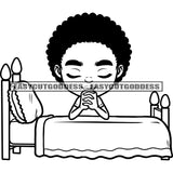 Black And White Afro Baby Girls Praying Hand On Bed Puffy Hairstyle African American Girls Cute Face Smile Happy Life BW Vector SVG JPG PNG Vector Clipart Cricut Silhouette Cut Cutting