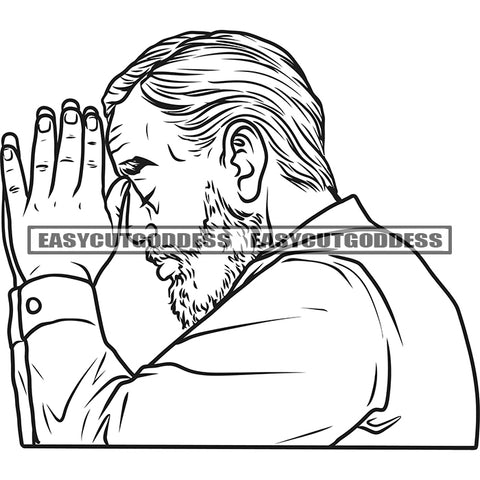 Black And White Businessman Hard Praying Hand Real Hero Sad Face Thinking Face Vector Feeling Stressed And Sleepy Design Element BW SVG JPG PNG Vector Clipart Cricut Silhouette Cut Cutting