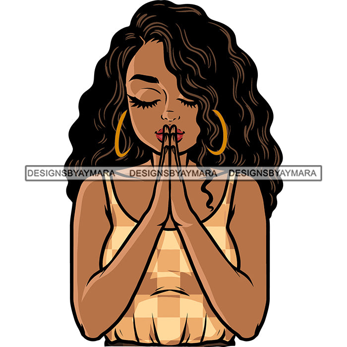 Afro Girl Hard Praying Hand Curly Hairstyle Wearing Hoop Earing Vector ...