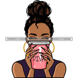 Afro Woman Holding Coffee Mug Curly Hairstyle Wearing Hoop Earing Vector African American Woman Hide Face Design Element SVG JPG PNG Vector Clipart Cricut Silhouette Cut Cutting