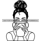 Black And White Afro Woman Holding Coffee Mug Curly Hairstyle Wearing Hoop Earing Vector African American Woman Hide Face Design Element BW Artwork SVG JPG PNG Vector Clipart Cricut Silhouette Cut Cutting