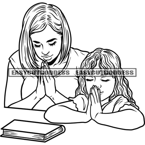 Black And White Hard Praying Hand  Mom And Daughter Praying Hand On Table Close Eyes Happy Family Bible Book On Table BW SVG JPG PNG Vector Clipart Cricut Silhouette Cut Cutting
