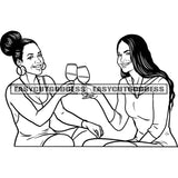 Black And White Afro Woman Sitting Front Side Holding Wine Glass Smile Face Curly Hairstyle Wearing Hoop Earing Vector BW Artwork Party Time SVG JPG PNG Vector Clipart Cricut Silhouette Cut Cutting