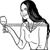 Afro Woman Holding Wine Glass Smile Face Black And White African American Woman Party Time Woman Sitting Pose Wearing Hoop Earing SVG JPG PNG Vector Clipart Cricut Silhouette Cut Cutting