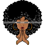 Afro Woman Hard Praying Hand African American Afro Hairstyle Wearing Hoop Earing Close Design Element White Background SVG JPG PNG Vector Clipart Cricut Silhouette Cut Cutting