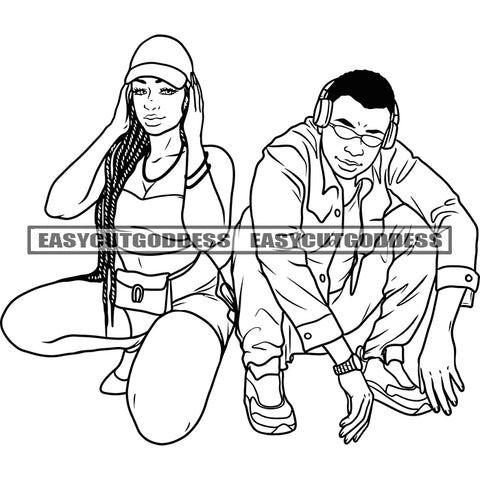 Afro Man Woman Sitting Pose Black And White Artwork African American Couple Wearing Sunglasses Design Element Afro Gangster BW Locus Hairstyle Vector SVG JPG PNG Vector Clipart Cricut Silhouette Cut Cutting