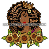 Words In Hair Gorgeous Brave Alluring Crown Sunflowers Black Afro Woman SVG JPG PNG Vector Clipart Cricut Silhouette Cut Cutting