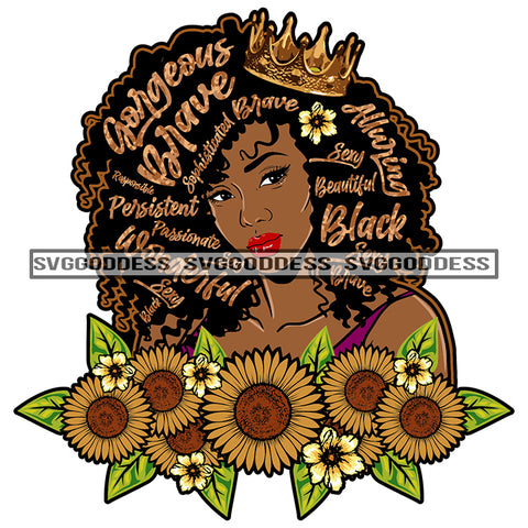 Words In Hair Gorgeous Brave Alluring Crown Sunflowers Black Afro Woman SVG JPG PNG Vector Clipart Cricut Silhouette Cut Cutting