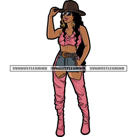 Melanin Woman Standing Wearing Cap And Sunglass Curly Hair Woman Sexy Pose Vector White Background SVG JPG PNG Vector Clipart Cricut Cutting Files