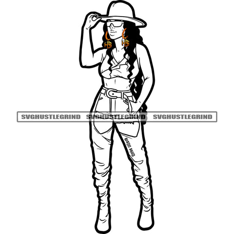 Melanin Woman Standing Design Element Holding Cap Curly Hair Woman Wearing Sunglass Vector Black And White Color BW SVG JPG PNG Vector Clipart Cricut Cutting Files